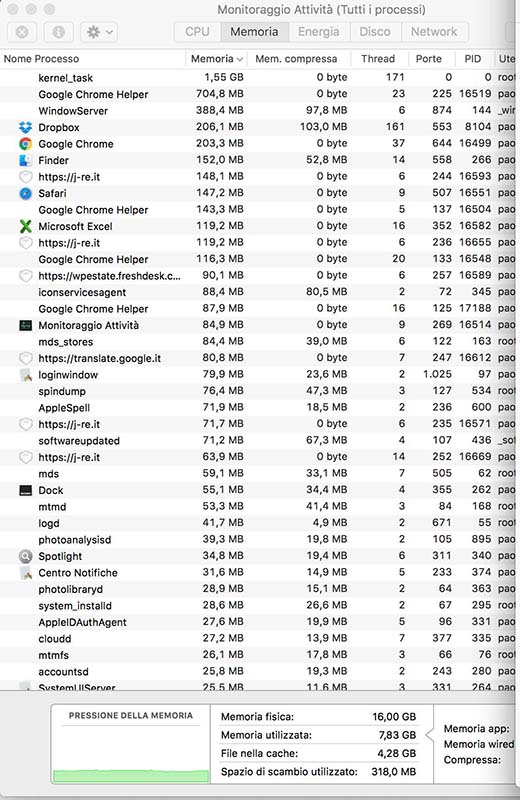 Screenshot di Monitoraggio Attività nella sezione Memoria