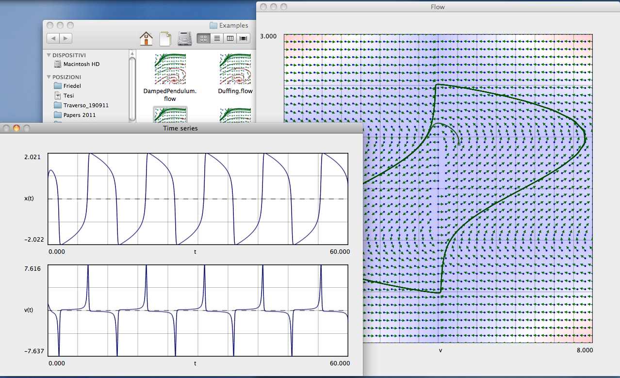 Uno screenshot di Flow. Qui si studia un oscillatore di Van Der Pol. E' chiaramente visibile il suo ciclo limite. La finestra &quot;Time series&quot; mostra le soluzioni numeriche delle equazioni differenziali, che evidenziano le caratteristiche &quot;oscillazioni di rilassamento&quot;.
